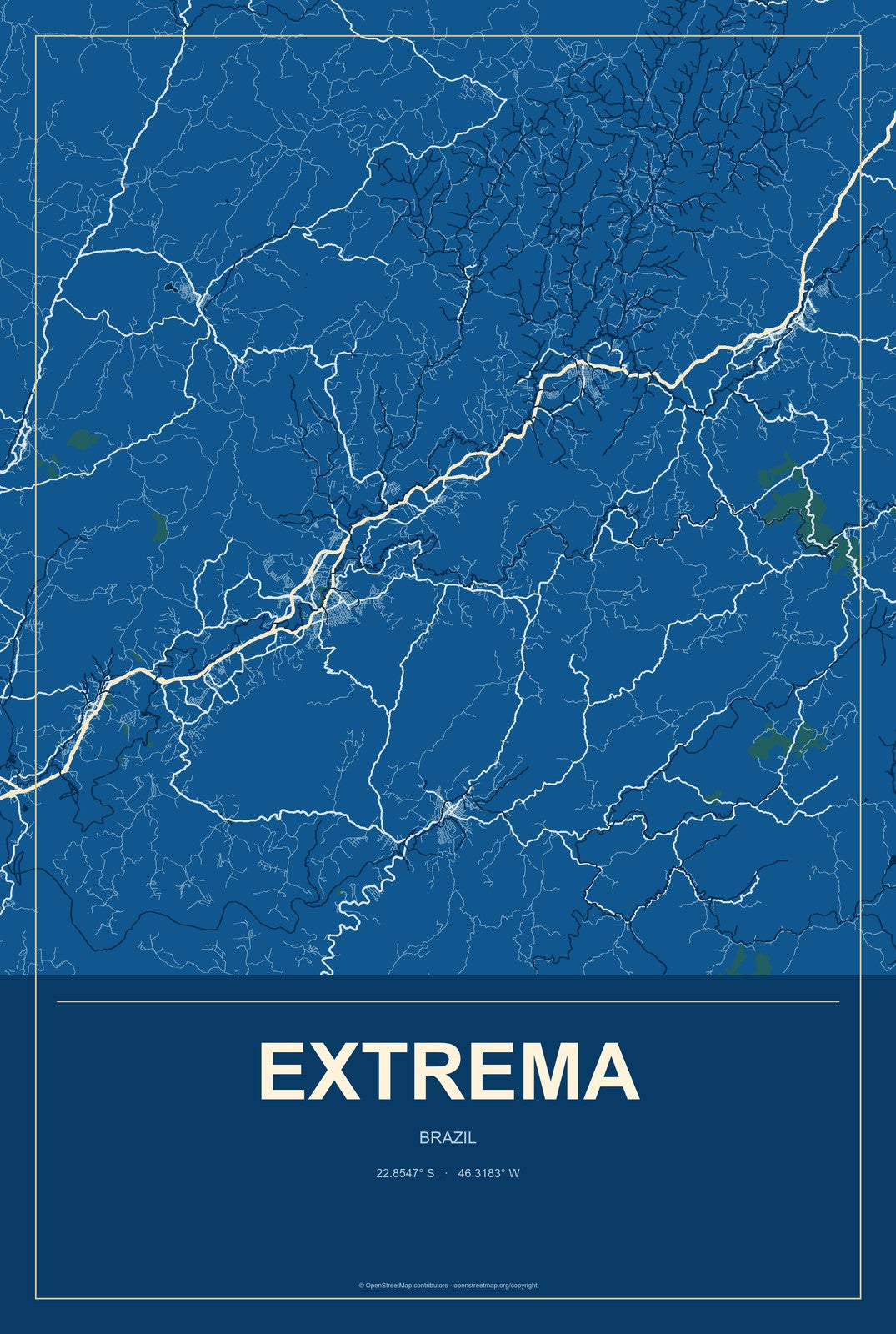 Extrema, Brazil City Map Aluminum Sign in Harbor Cobalt style