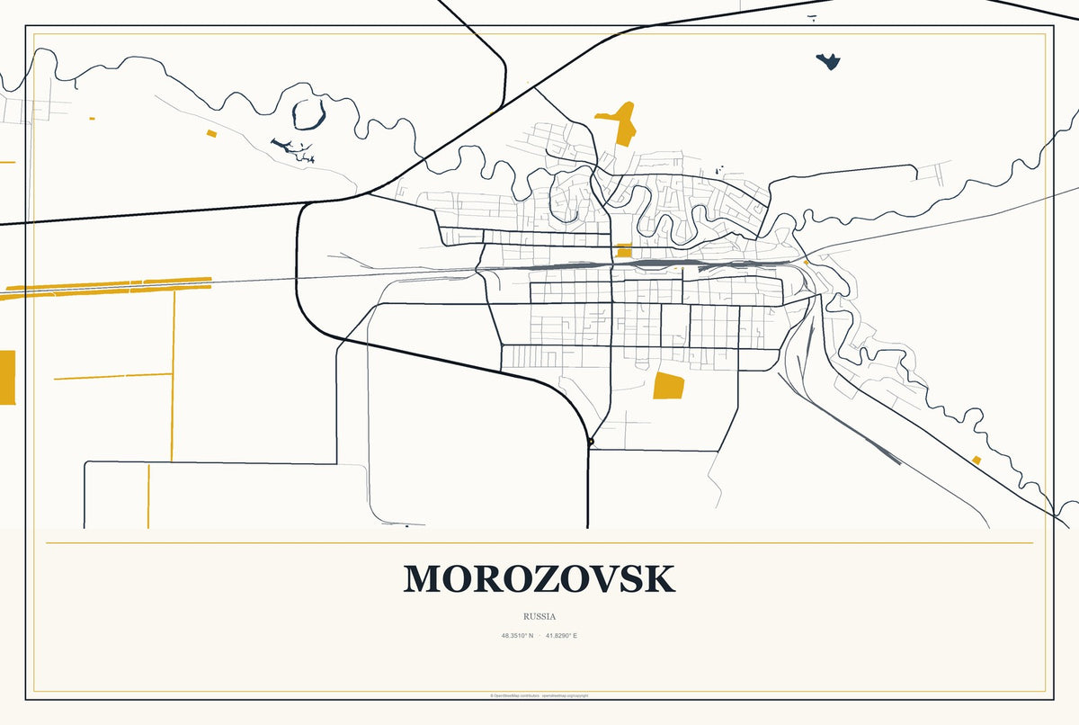 Morozovsk, Russia City Map Aluminum Sign in Citrine Modern style