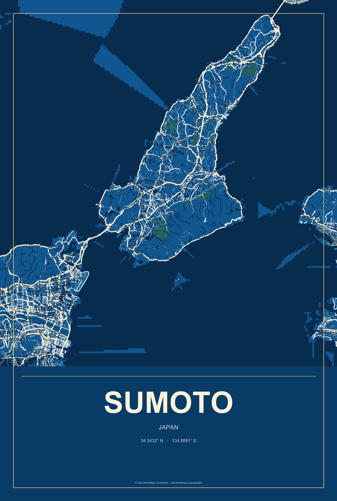 Sumoto, Japan City Map Aluminum Sign in Harbor Cobalt style