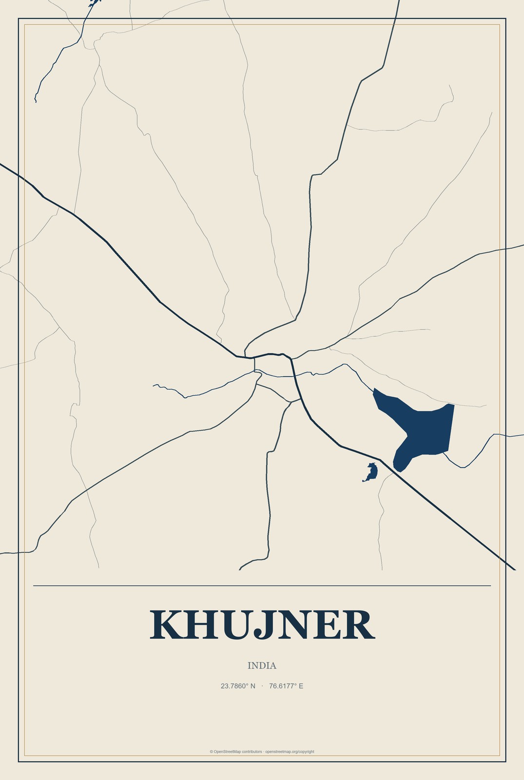 Khujner, India City Map Aluminum Sign in Coastal Cutout style
