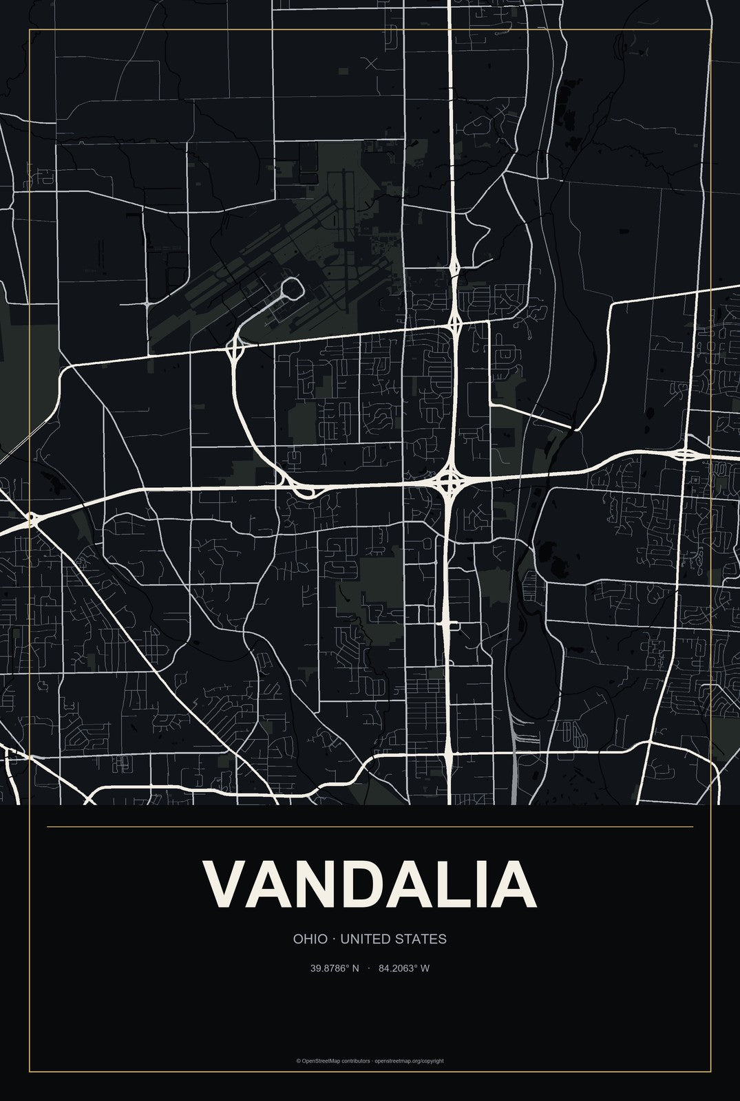 Vandalia, Ohio City Map Aluminum Sign in Metropolitan Noir style