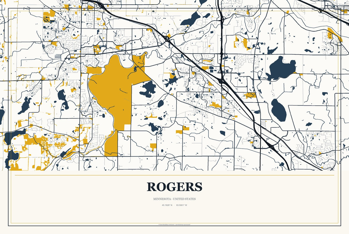 Rogers, Minnesota City Map Aluminum Sign in Citrine Modern style