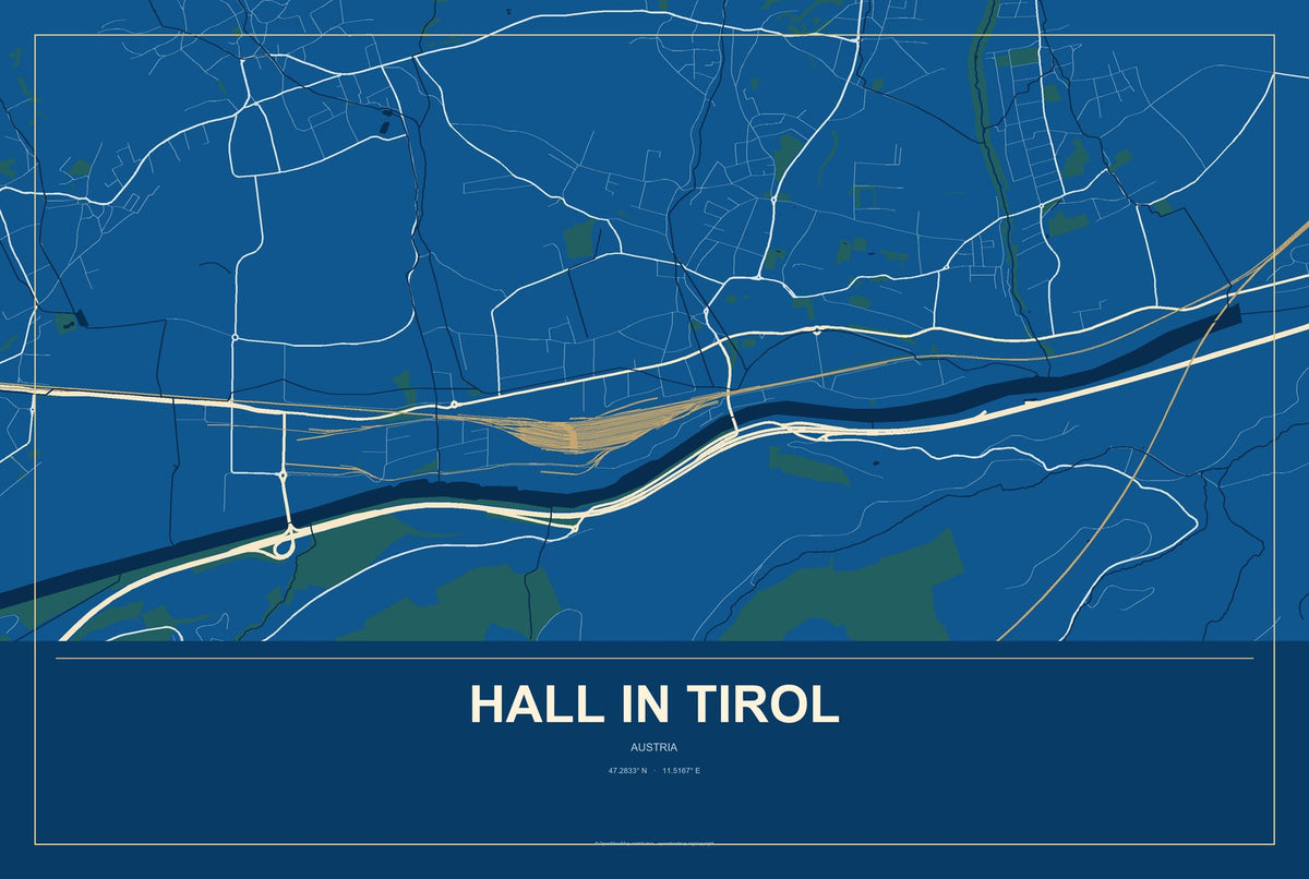Hall in Tirol, Austria City Map Aluminum Sign in Harbor Cobalt style