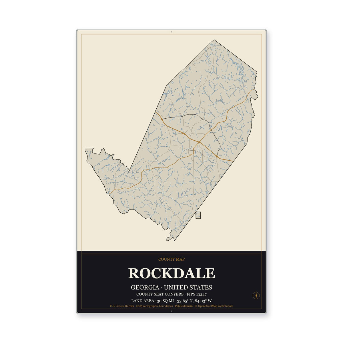 Rockdale County, Georgia Map Aluminum Sign in Museum Plaque style