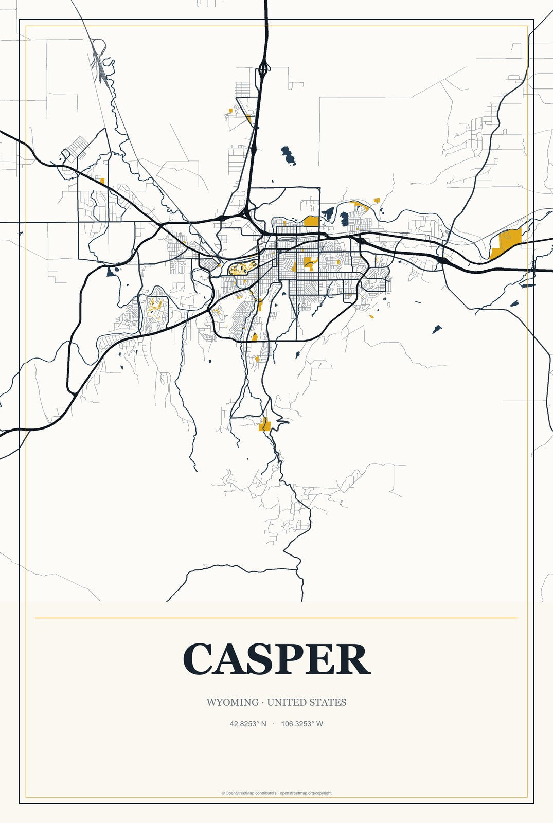Casper, Wyoming City Map Aluminum Sign in Citrine Modern style