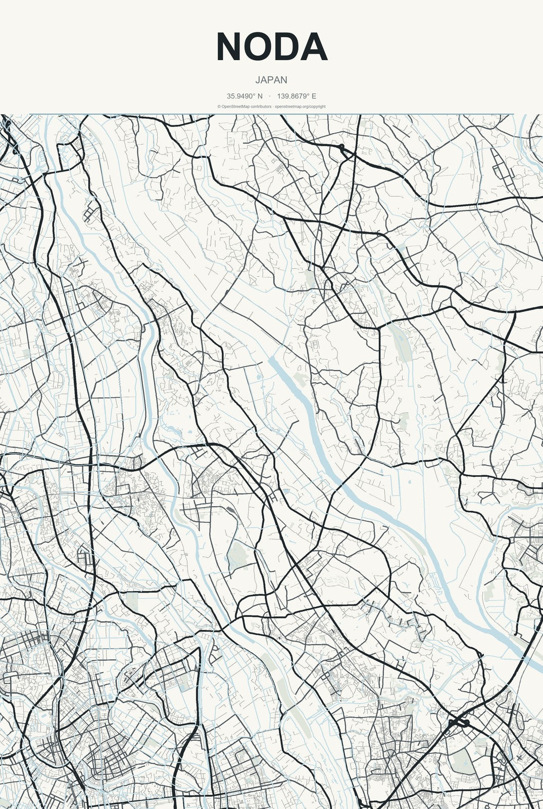 Noda, Japan City Map Aluminum Sign in Headline Atlas style