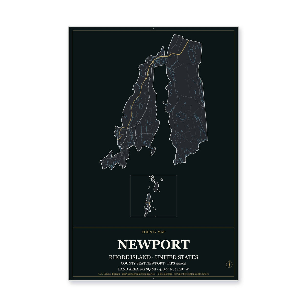 Newport County, Rhode Island Map Aluminum Sign in Metropolitan Noir style