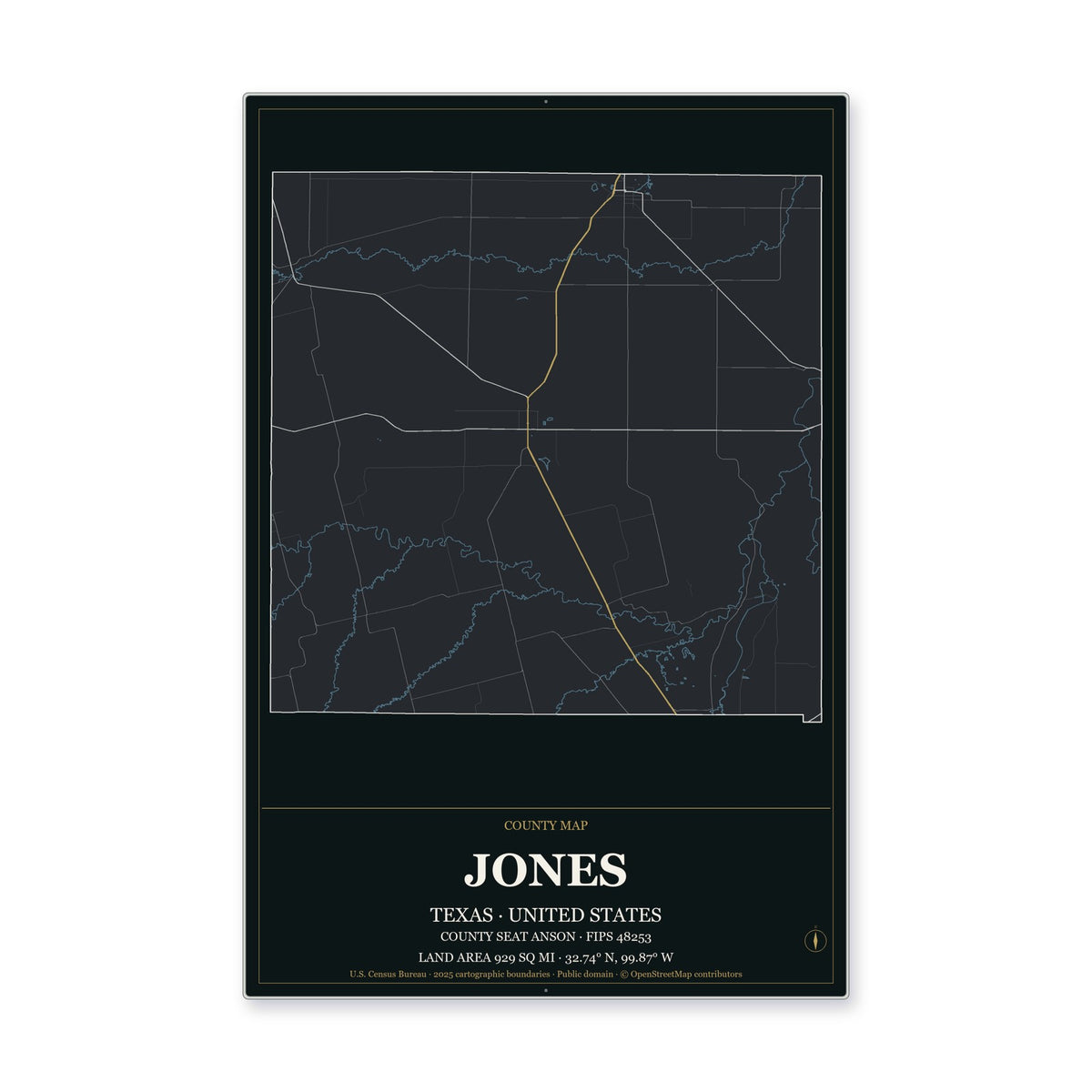 Jones County, Texas Map Aluminum Sign in Metropolitan Noir style