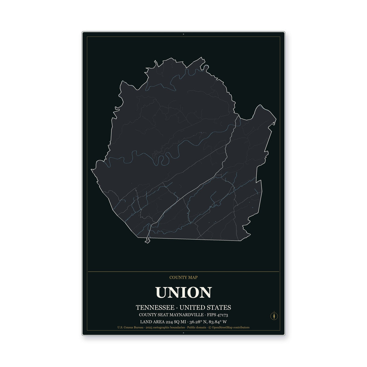 Union County, Tennessee Map Aluminum Sign in Metropolitan Noir style