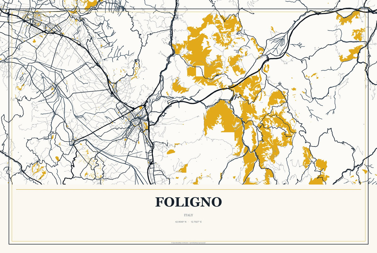 Foligno, Italy City Map Aluminum Sign in Citrine Modern style