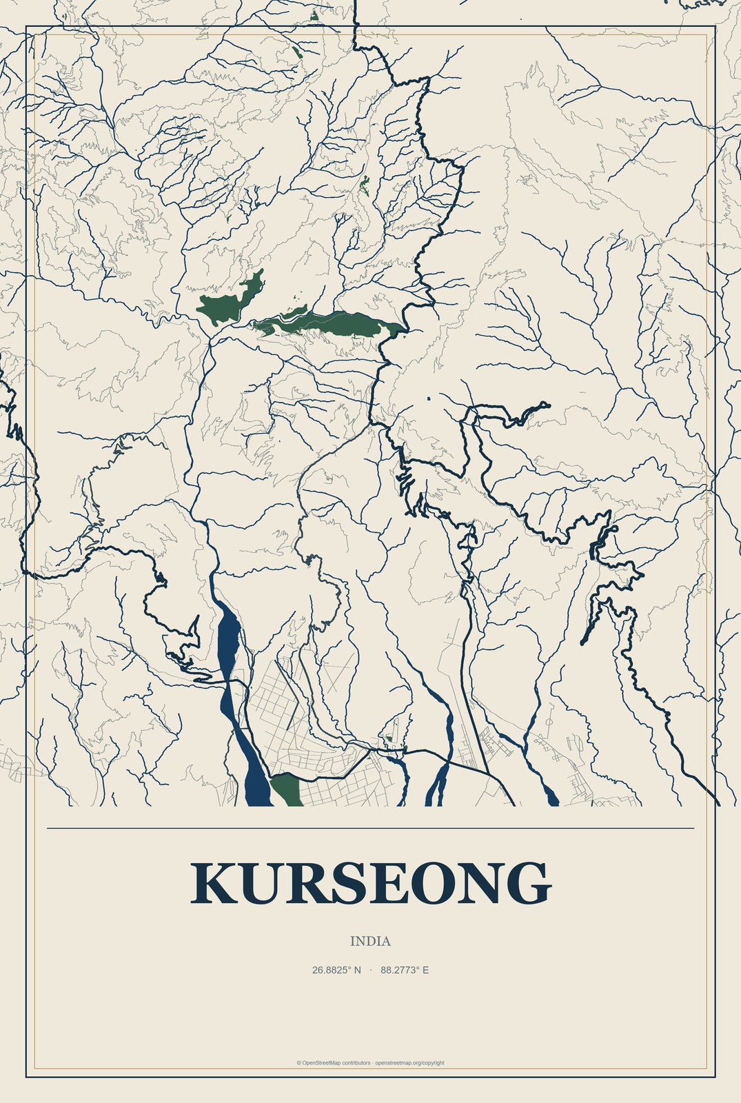 Kurseong, India City Map Aluminum Sign in Coastal Cutout style