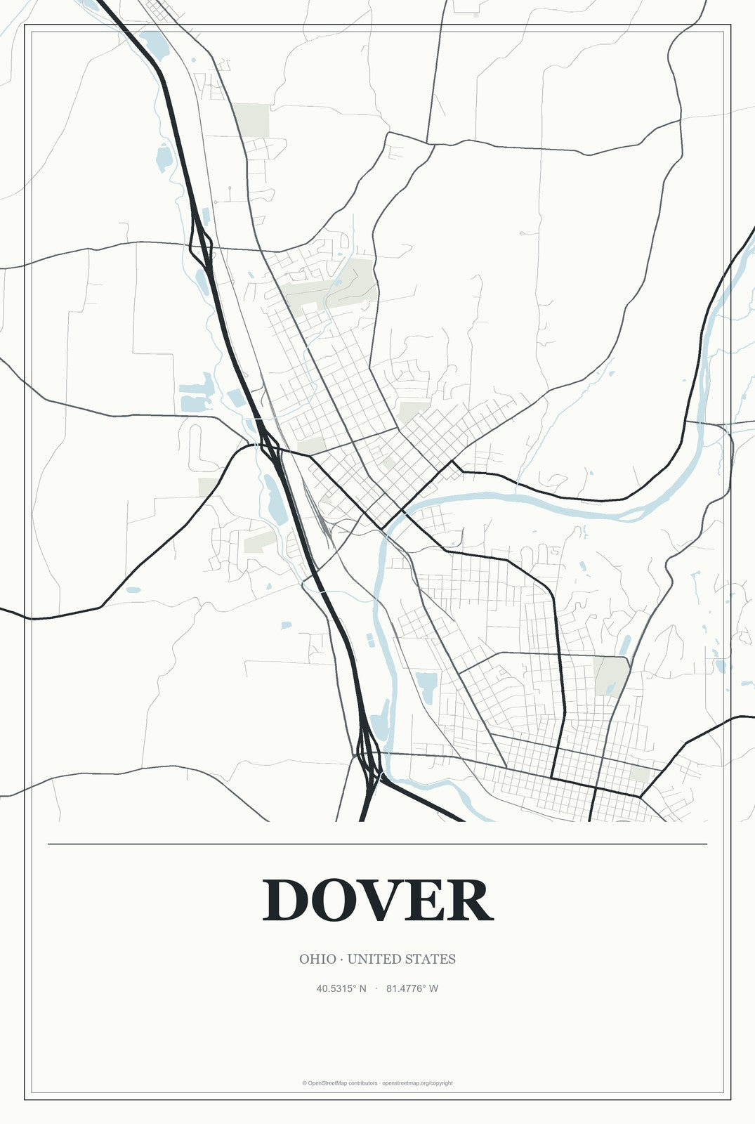 Dover, Ohio City Map Aluminum Sign in Gallery Air style