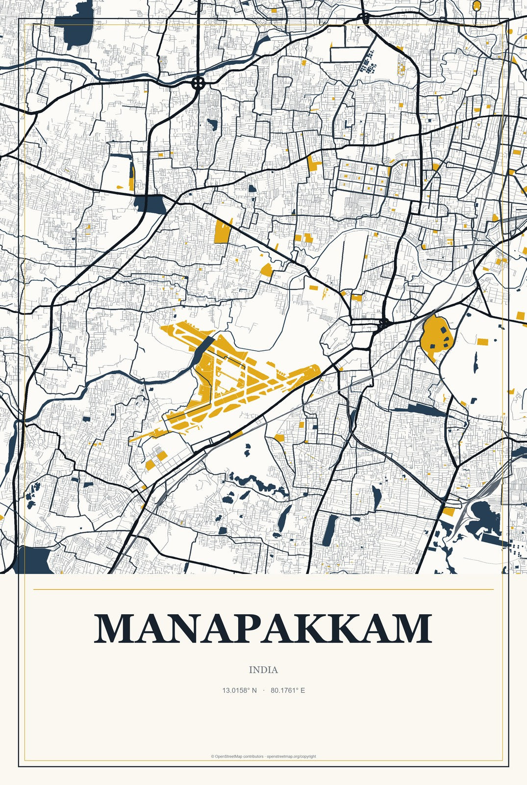 Manapakkam, India City Map Aluminum Sign in Citrine Modern style