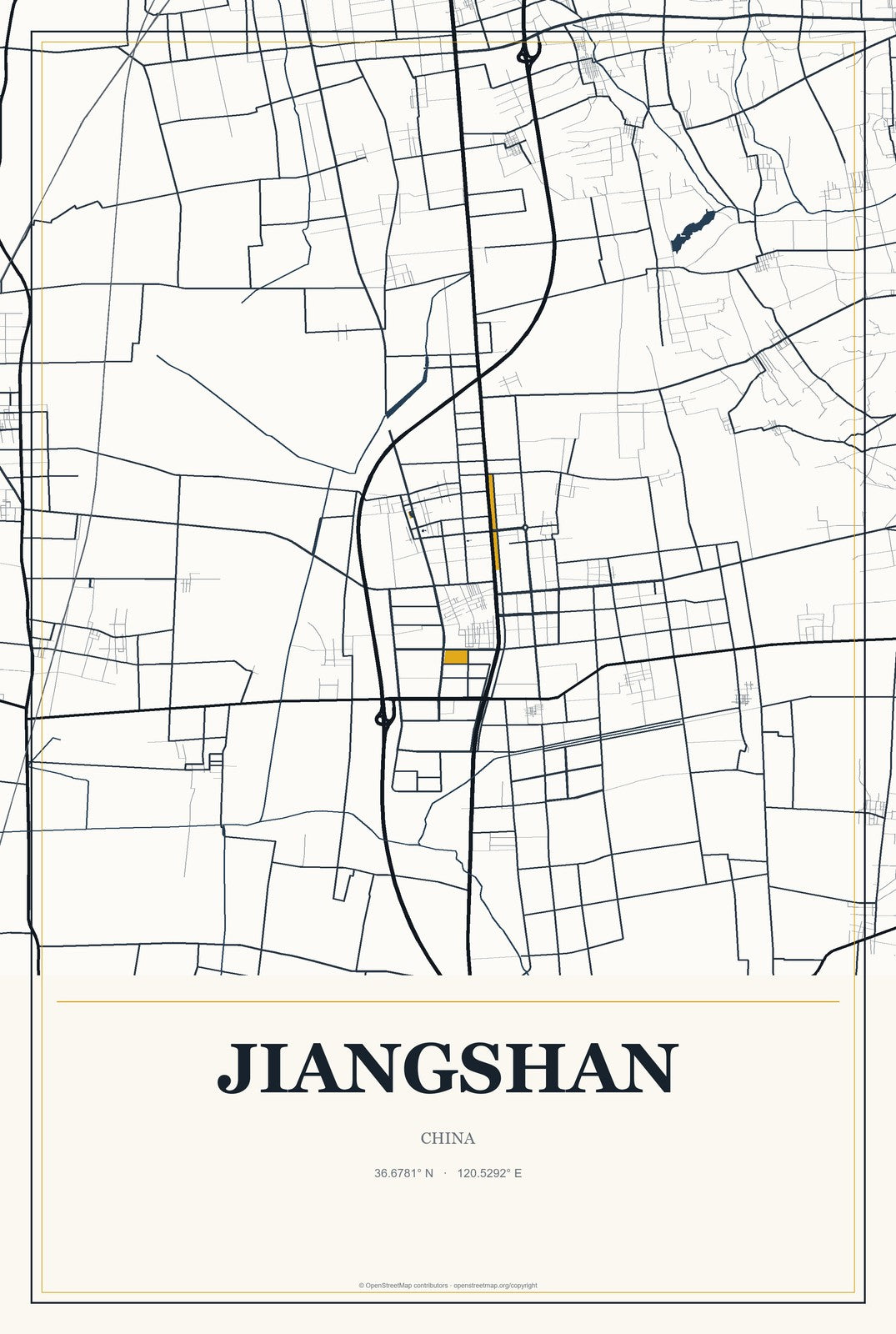 Jiangshan, China City Map Aluminum Sign in Citrine Modern style