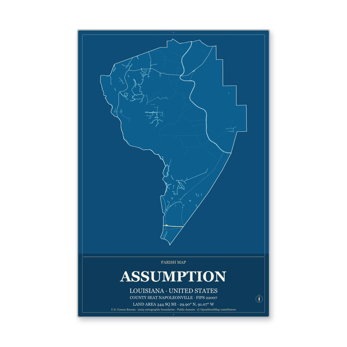 Assumption Parish, Louisiana Map Aluminum Sign in Harbor Cobalt style