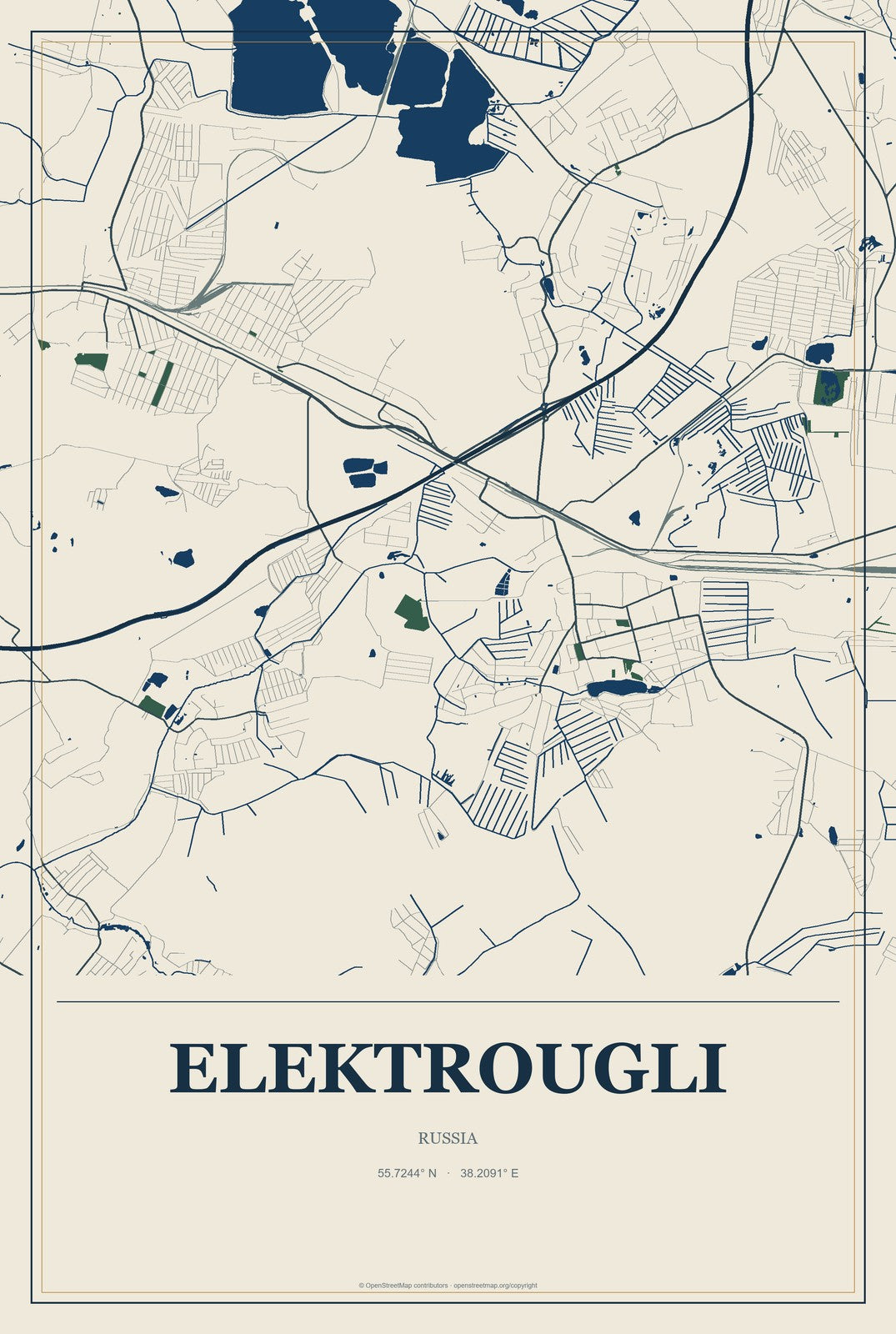 Elektrougli, Russia City Map Aluminum Sign in Coastal Cutout style