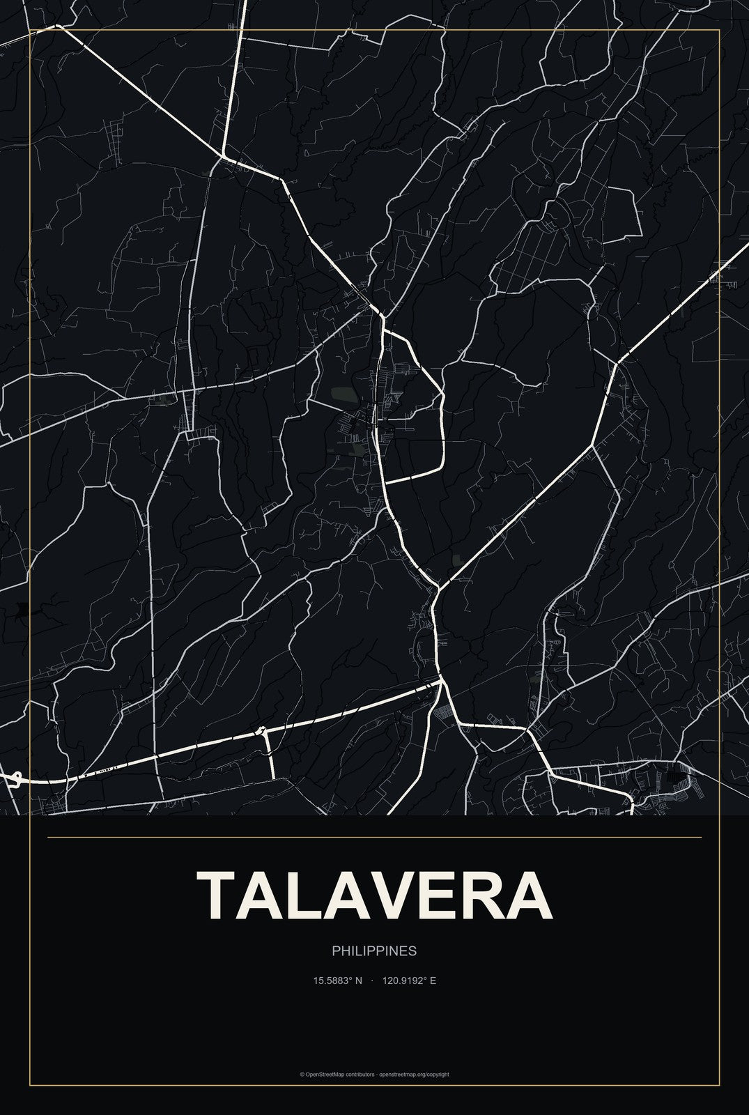 Talavera, Philippines City Map Aluminum Sign in Metropolitan Noir style