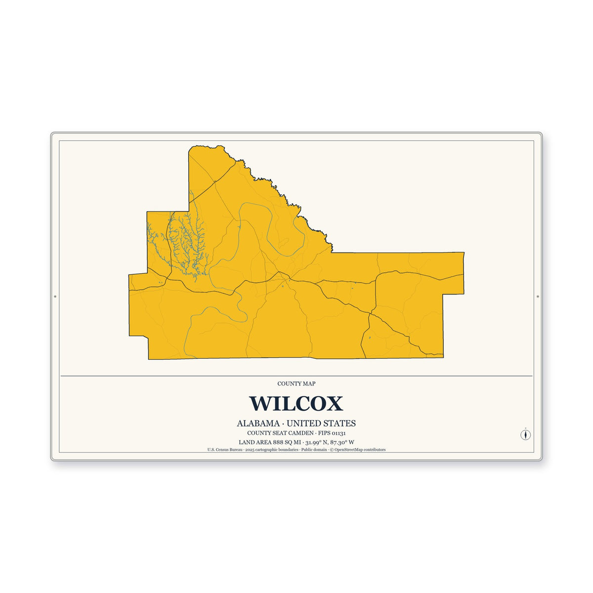 Wilcox County, Alabama Map Aluminum Sign in Citrine Modern style