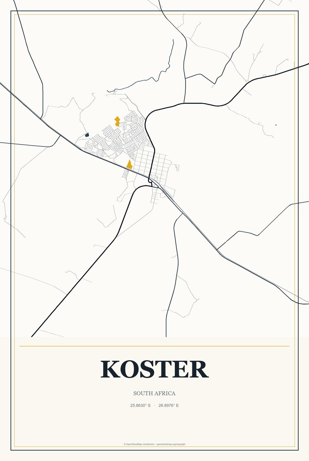 Koster, South Africa City Map Aluminum Sign in Citrine Modern style