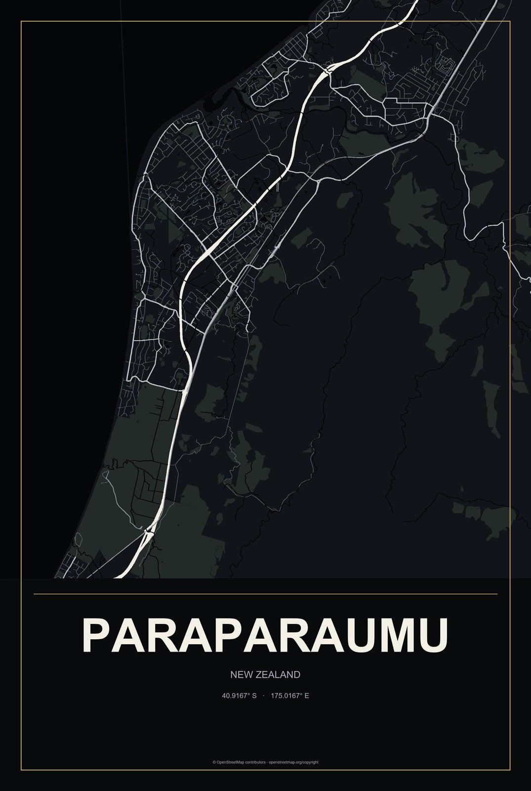 Paraparaumu, New Zealand City Map Aluminum Sign in Metropolitan Noir style
