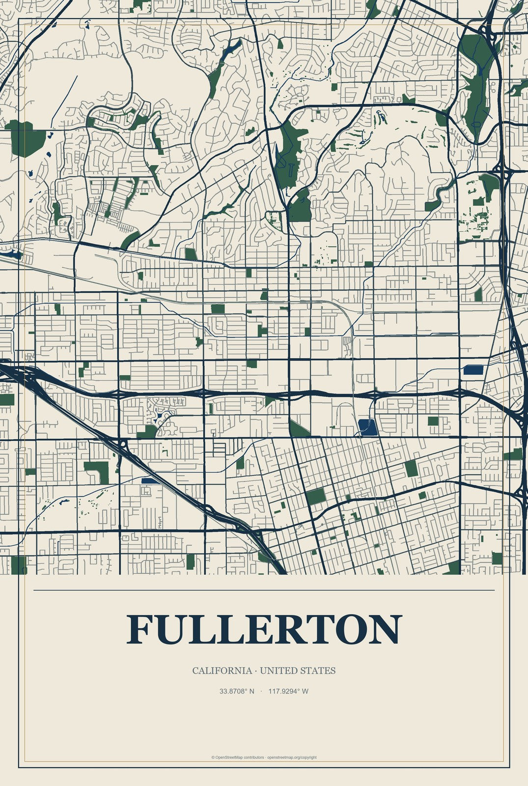 Fullerton, California City Map Aluminum Sign in Coastal Cutout style