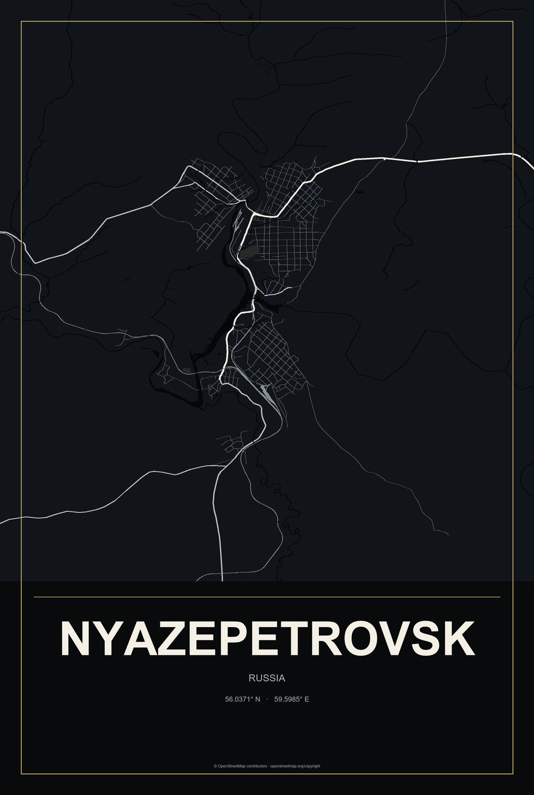 Nyazepetrovsk, Russia City Map Aluminum Sign in Metropolitan Noir style