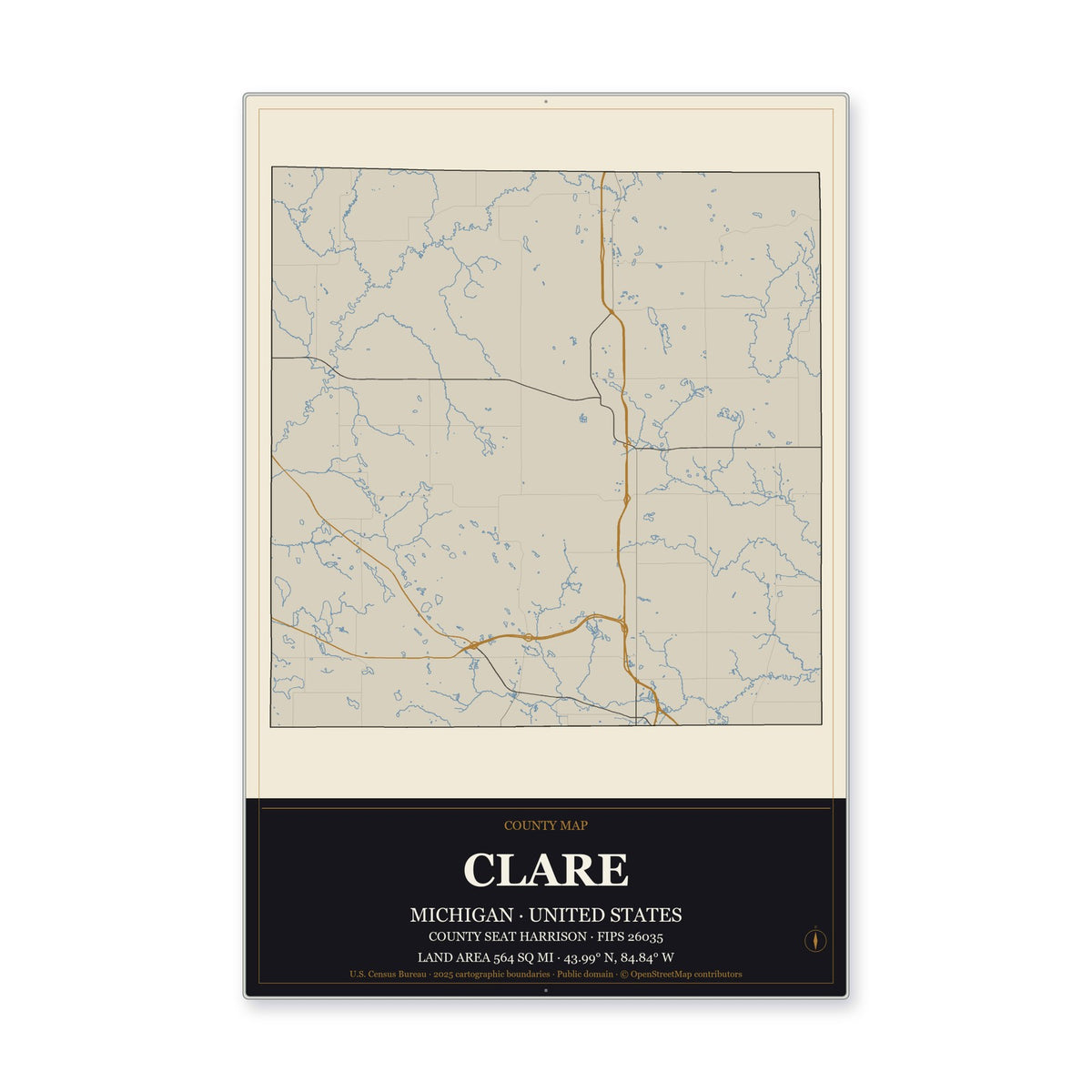 Clare County, Michigan Map Aluminum Sign in Museum Plaque style