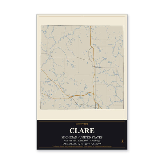 Clare County, Michigan Map Aluminum Sign in Museum Plaque style