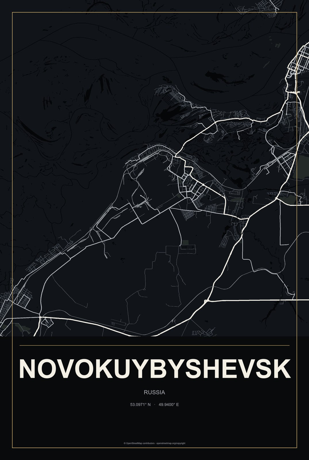 Novokuybyshevsk, Russia City Map Aluminum Sign in Metropolitan Noir style