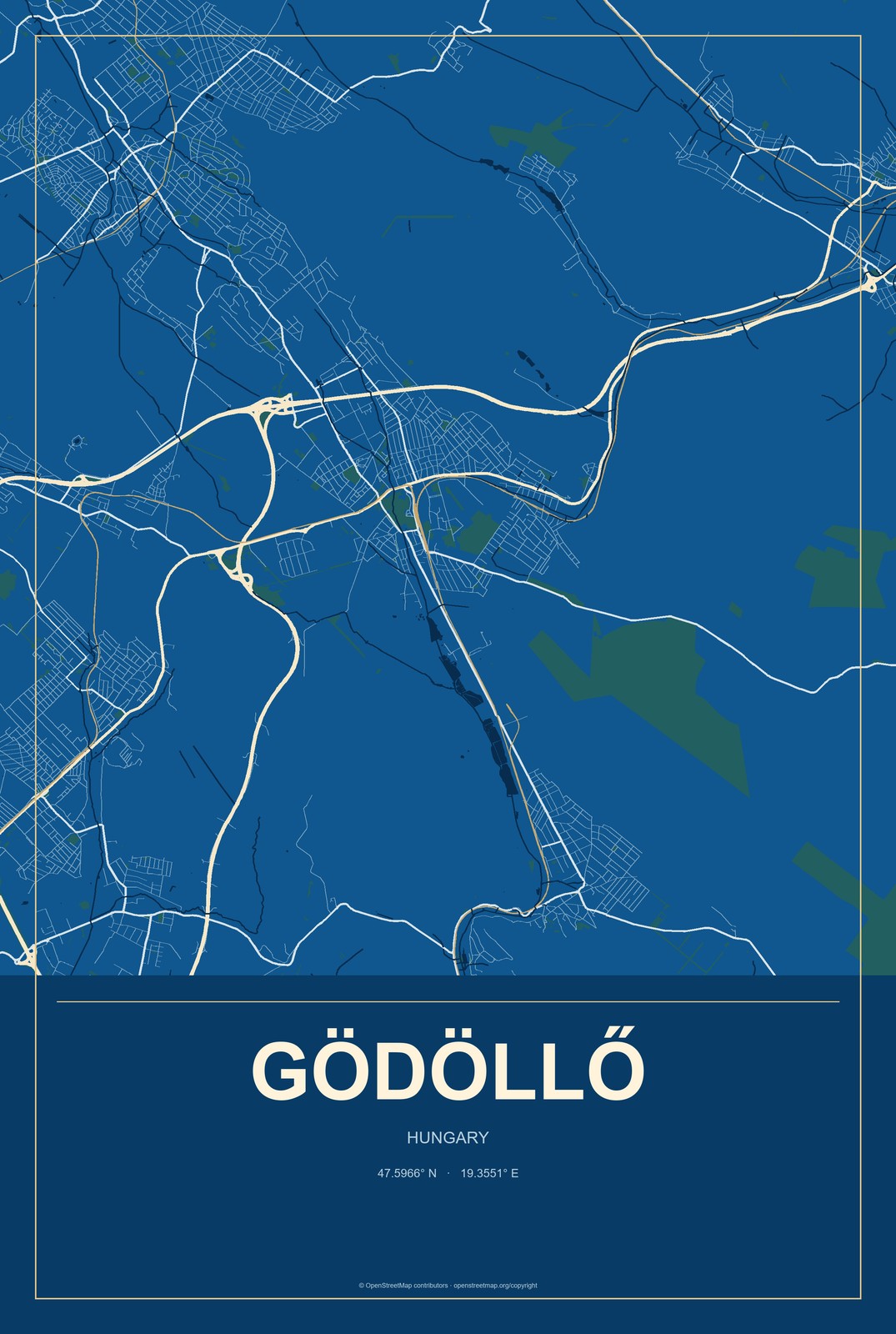 Gödöllő, Hungary City Map Aluminum Sign in Harbor Cobalt style
