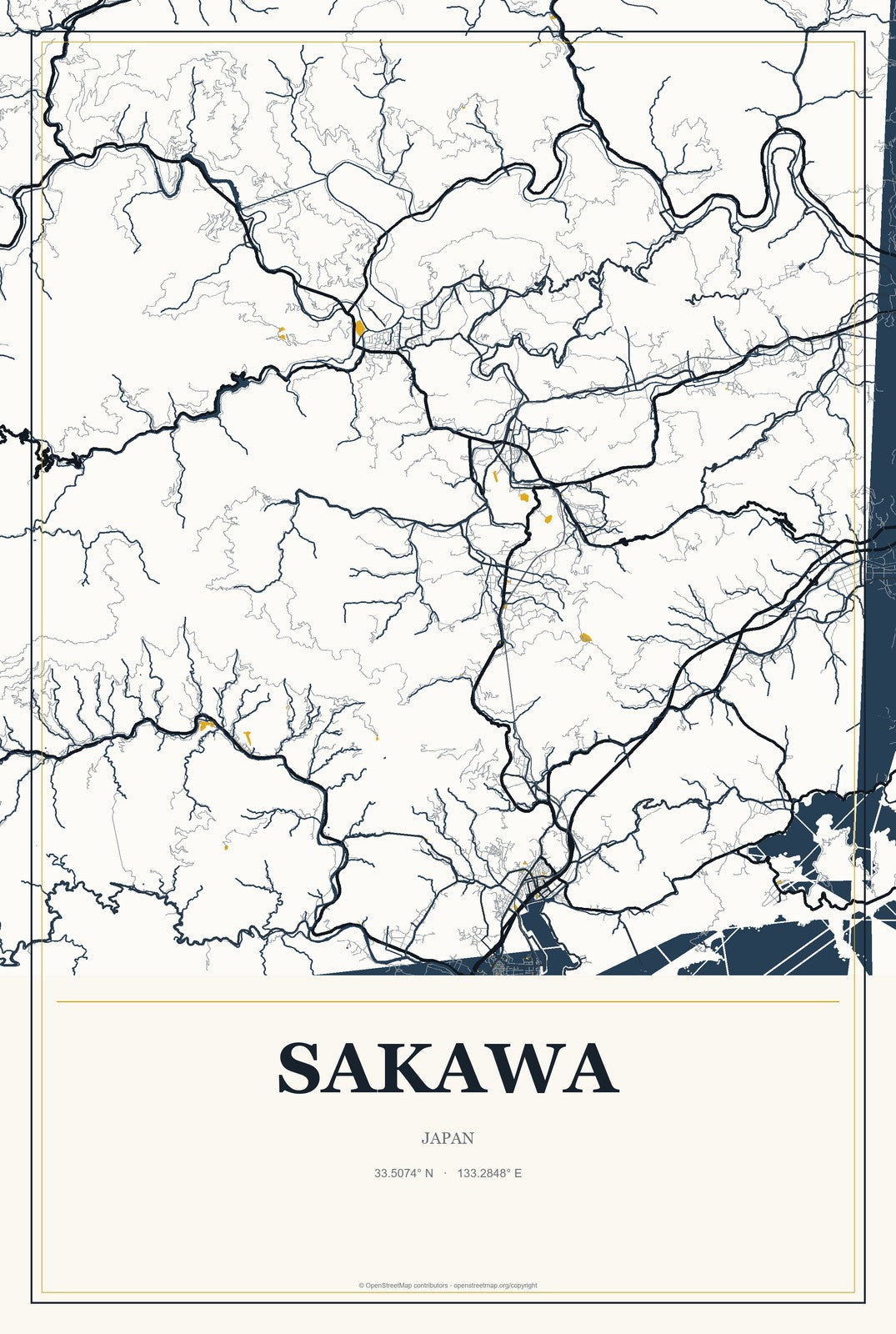 Sakawa, Japan City Map Aluminum Sign in Citrine Modern style