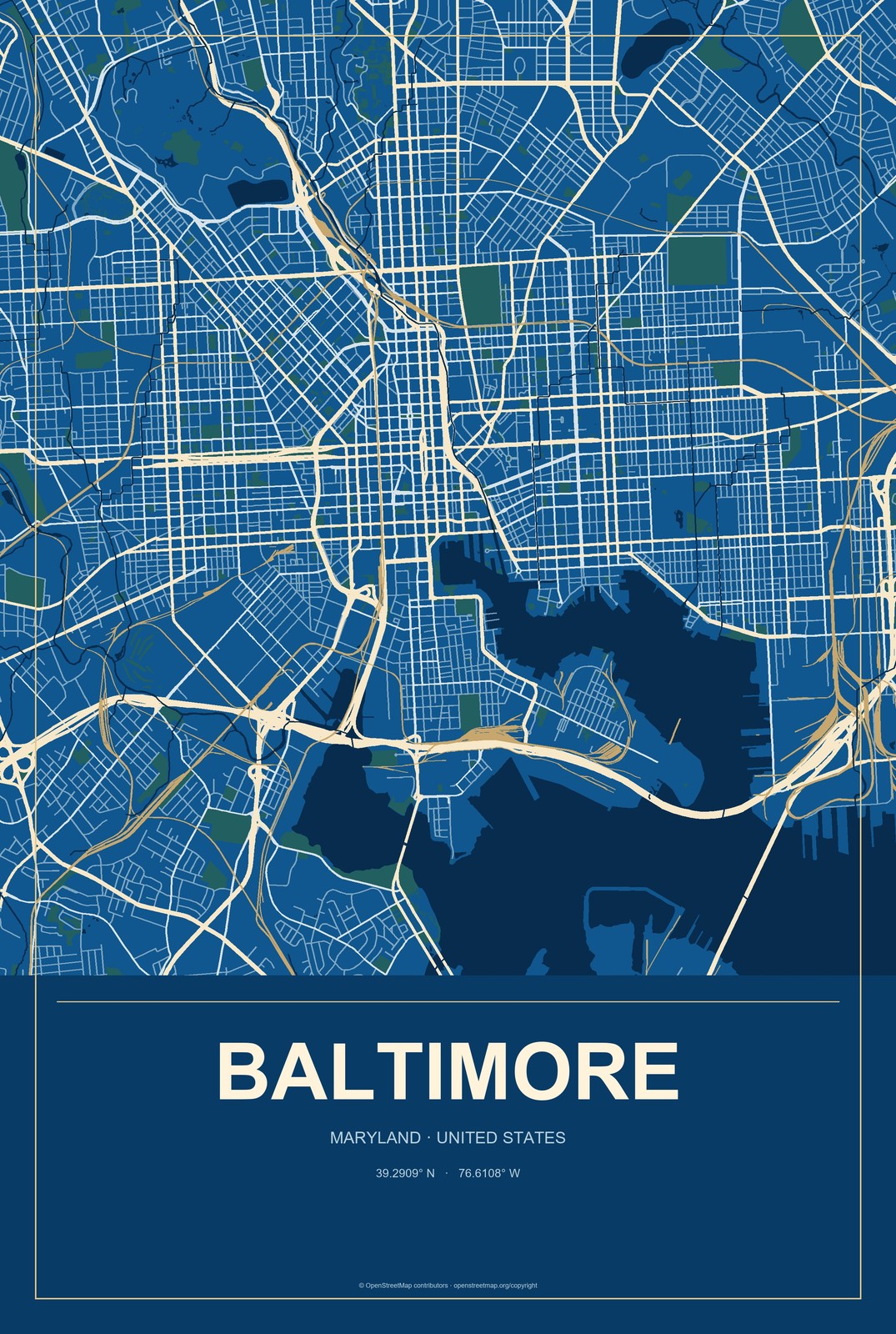 Baltimore, Maryland City Map Aluminum Sign in Harbor Cobalt style