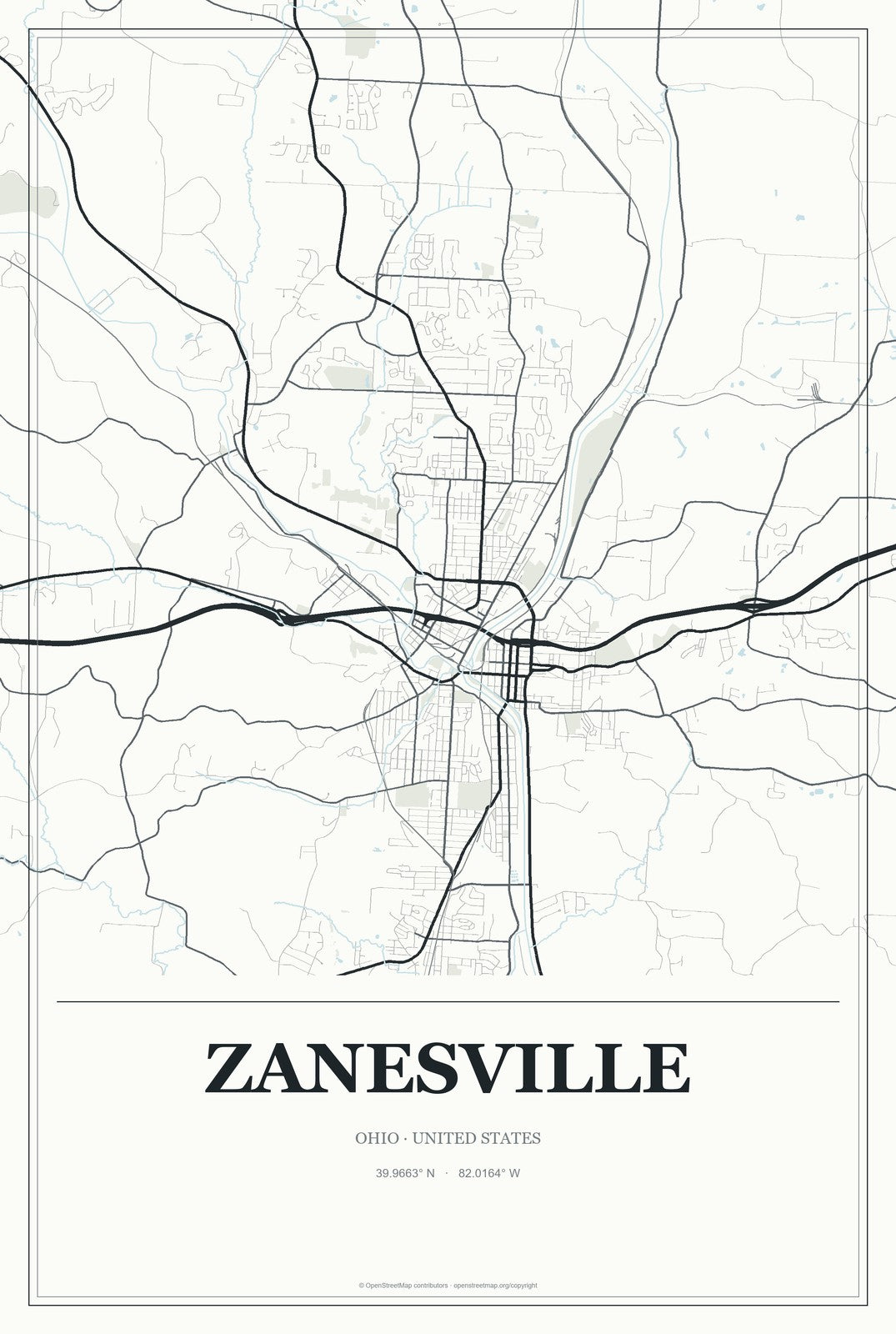Zanesville, Ohio City Map Aluminum Sign in Gallery Air style