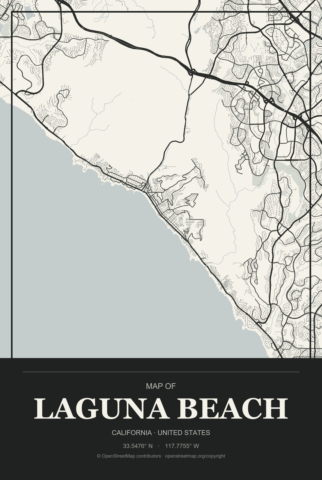 Laguna Beach, California City Map Aluminum Sign in Museum Plaque style