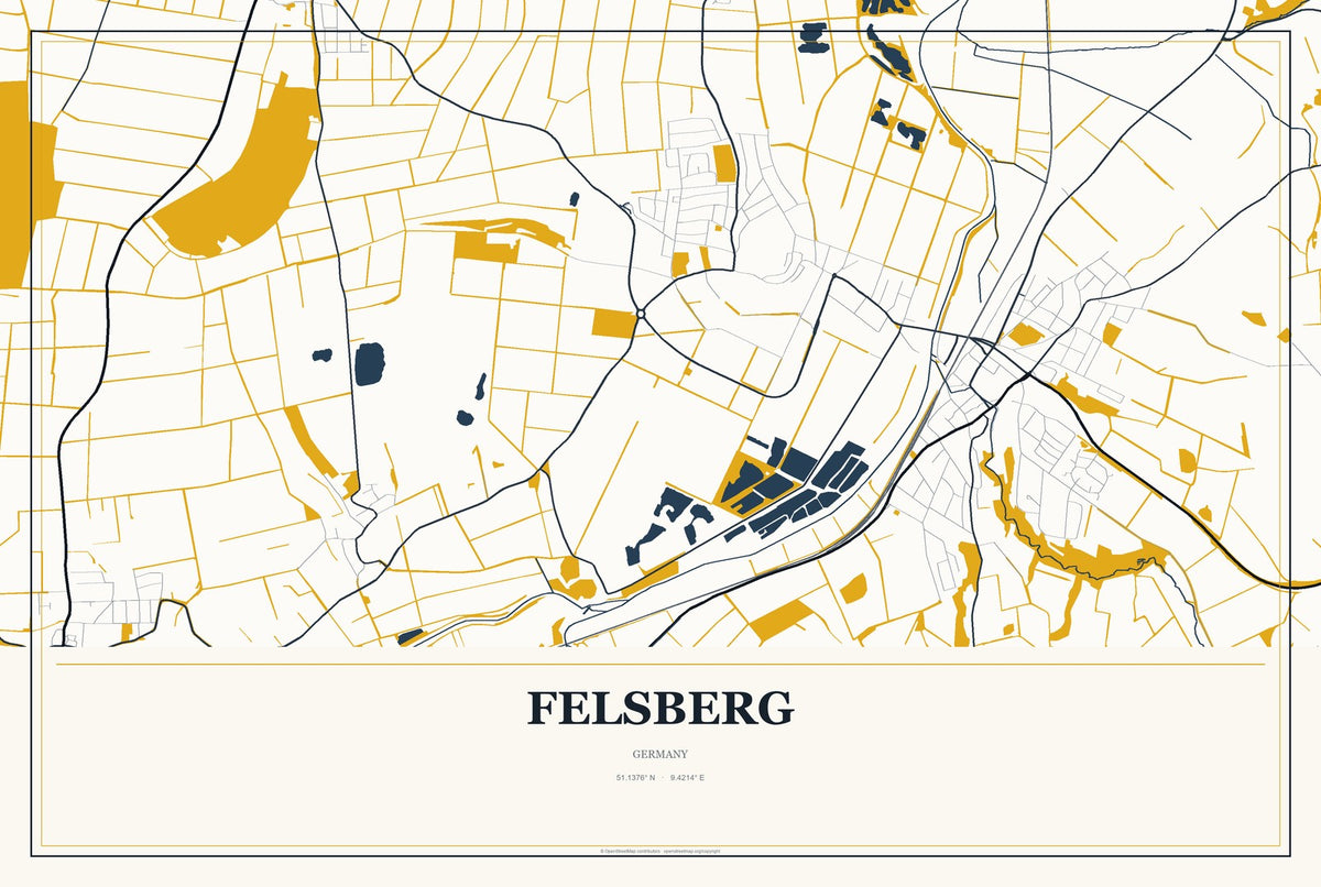 Felsberg, Germany City Map Aluminum Sign in Citrine Modern style