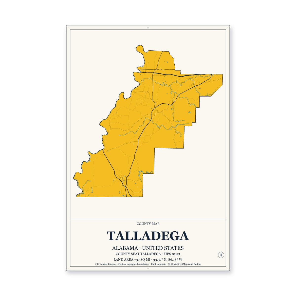 Talladega County, Alabama Map Aluminum Sign in Citrine Modern style