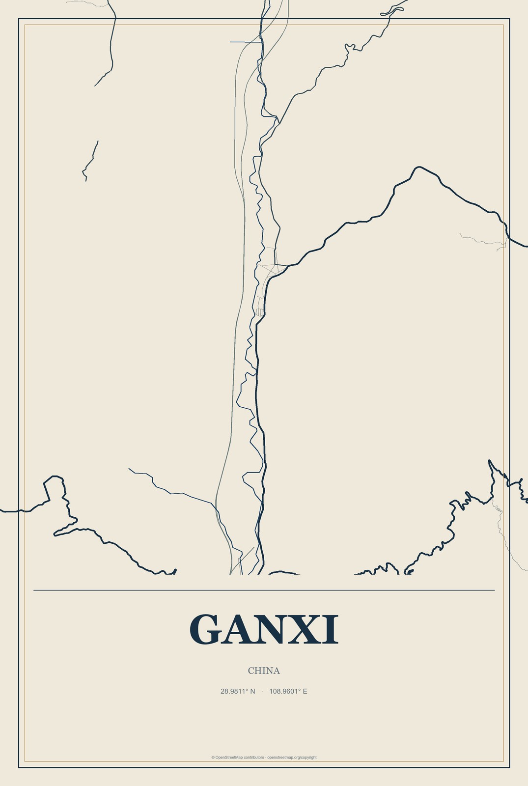 Ganxi, China City Map Aluminum Sign in Coastal Cutout style