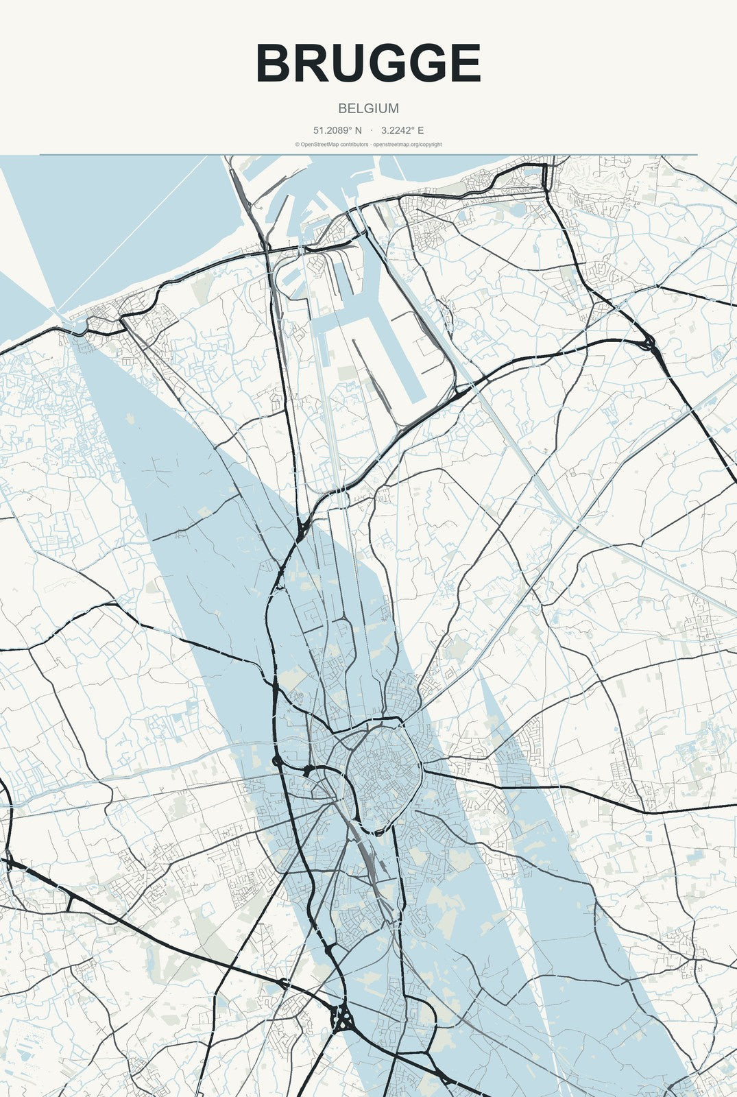 Brugge, Belgium City Map Aluminum Sign in Headline Atlas style