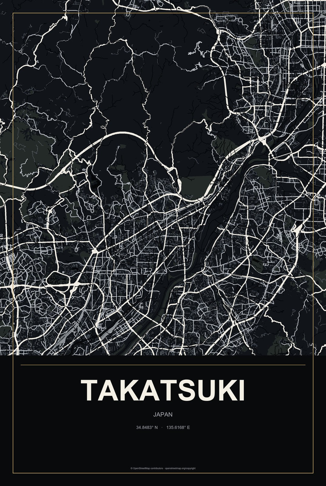 Takatsuki, Japan City Map Aluminum Sign in Metropolitan Noir style