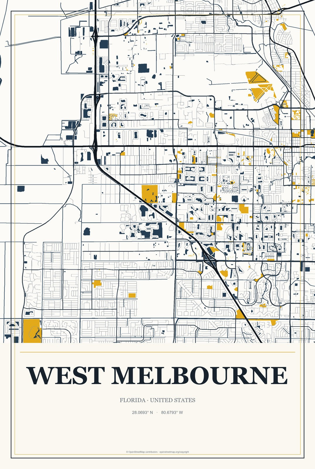 West Melbourne, Florida City Map Aluminum Sign in Citrine Modern style