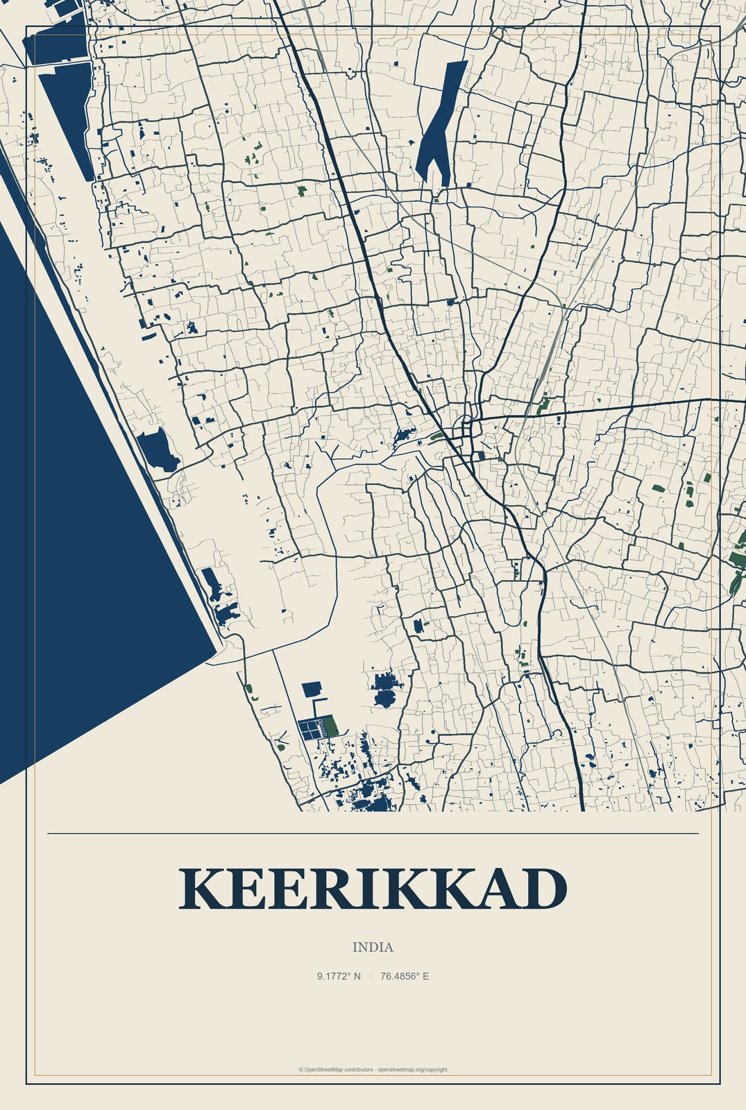 Keerikkad, India City Map Aluminum Sign in Coastal Cutout style