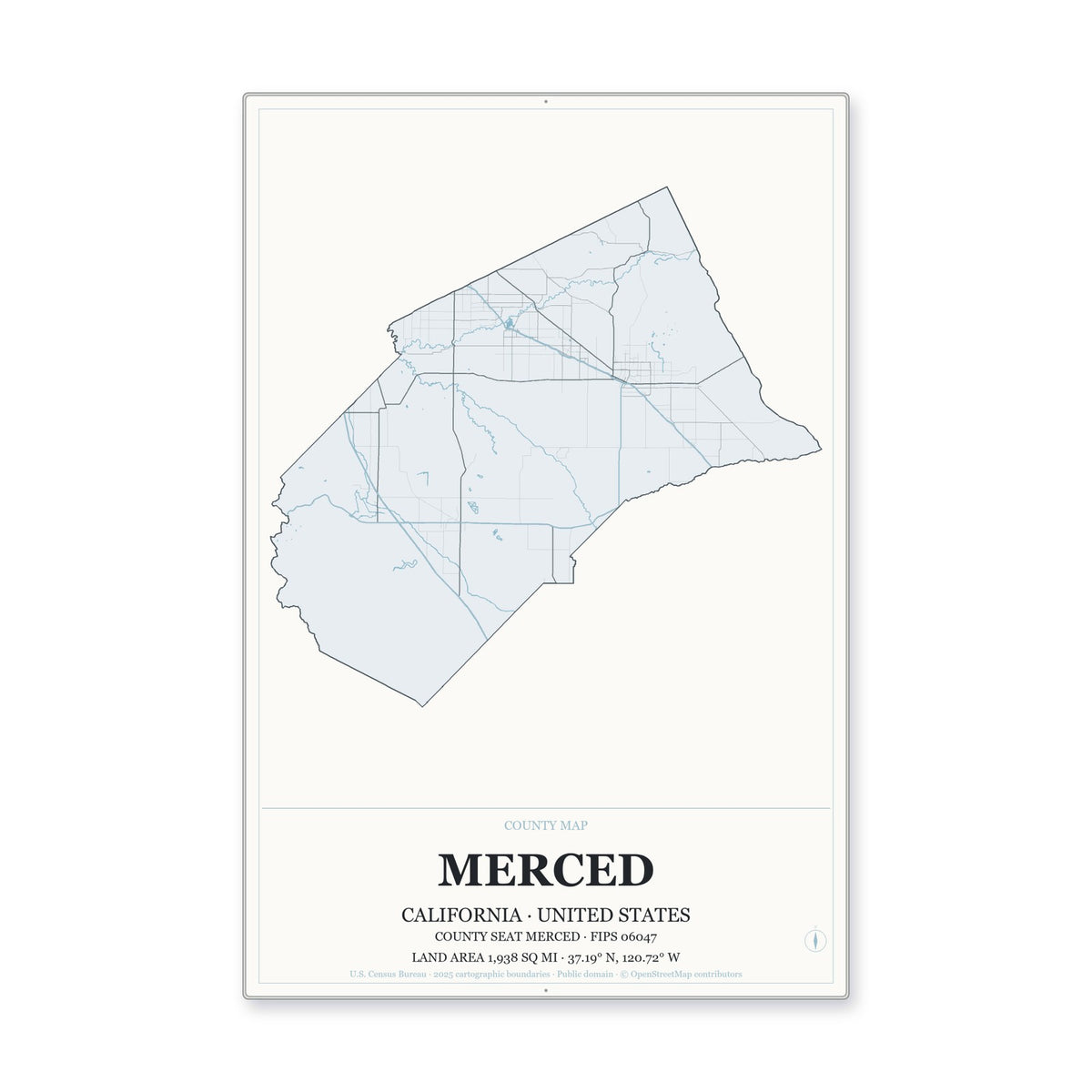 Merced County, California Map Aluminum Sign in Gallery Air style