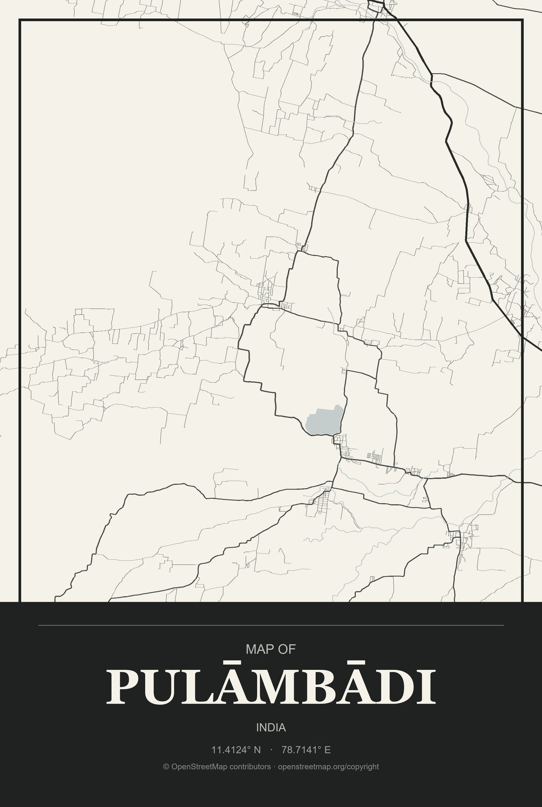 Pulāmbādi, India City Map Aluminum Sign in Museum Plaque style