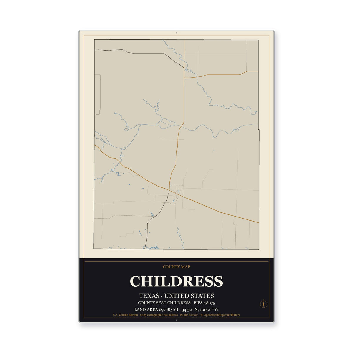 Childress County, Texas Map Aluminum Sign in Museum Plaque style
