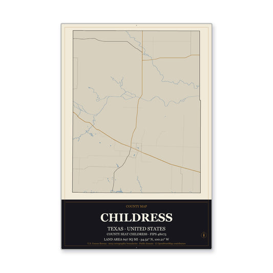 Childress County, Texas Map Aluminum Sign in Museum Plaque style