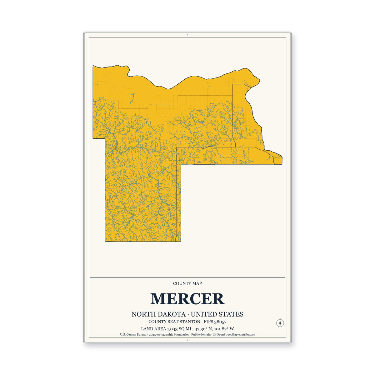 Mercer County, North Dakota Map Aluminum Sign in Citrine Modern style