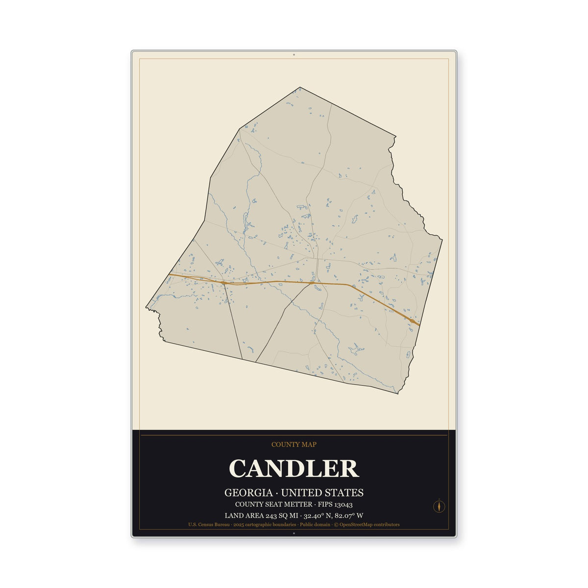 Candler County, Georgia Map Aluminum Sign in Museum Plaque style
