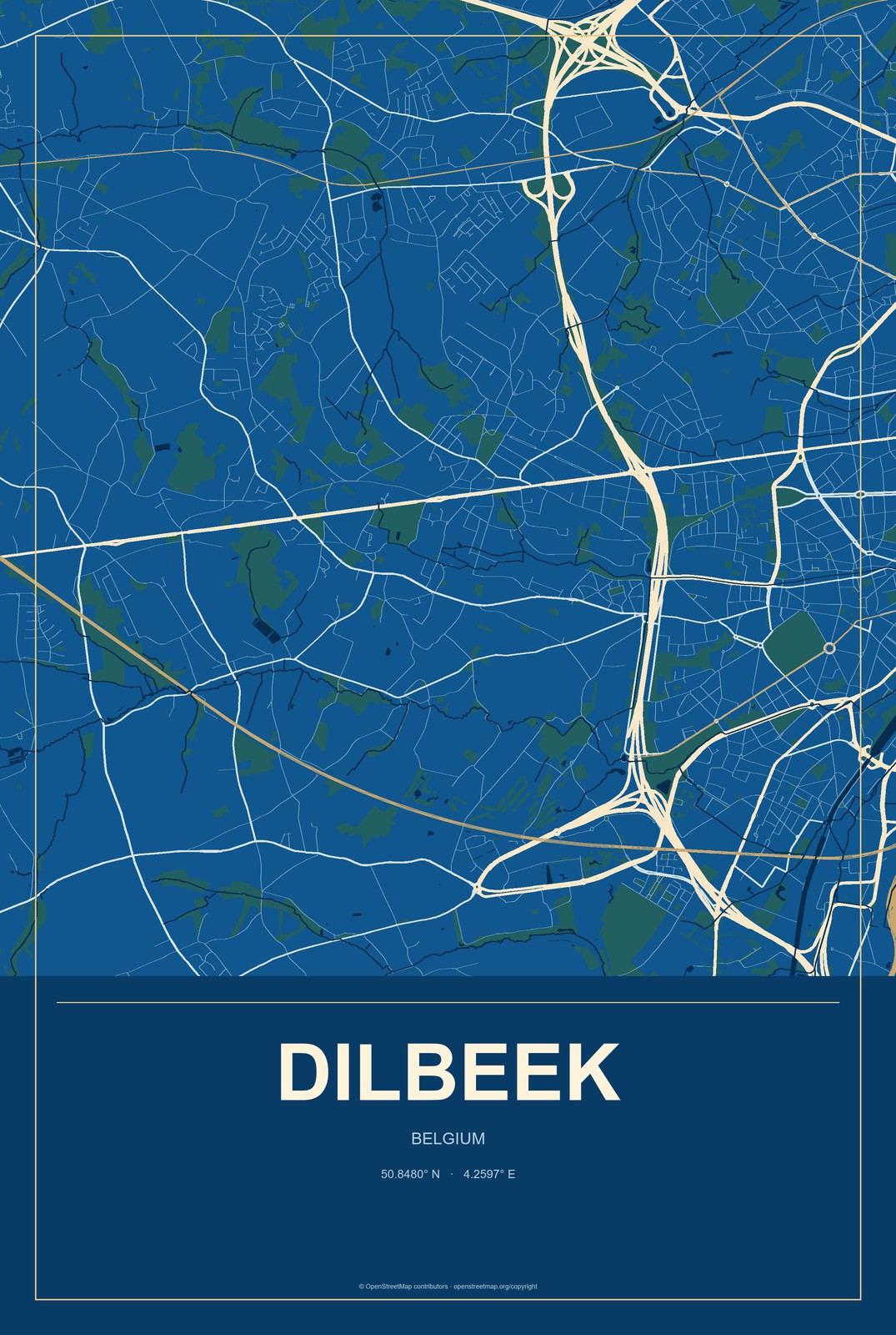 Dilbeek, Belgium City Map Aluminum Sign in Harbor Cobalt style
