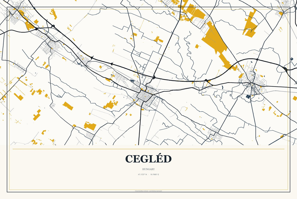 Cegléd, Hungary City Map Aluminum Sign in Citrine Modern style