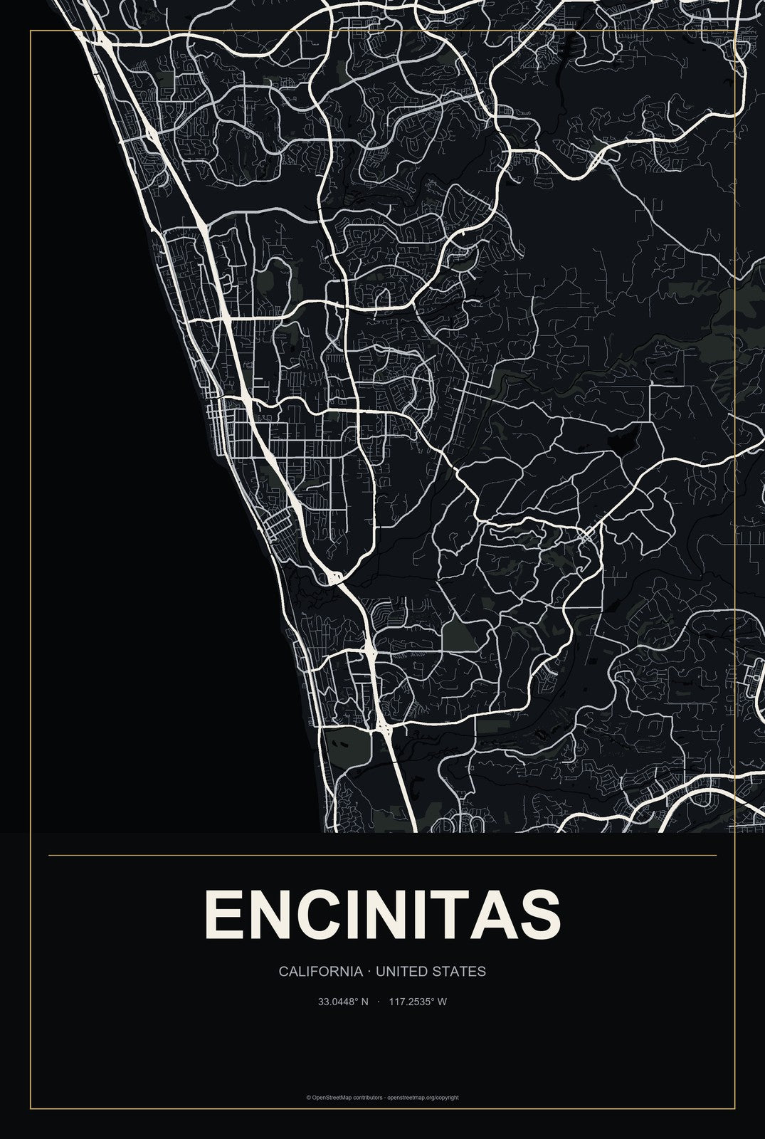Encinitas, California City Map Aluminum Sign in Metropolitan Noir style